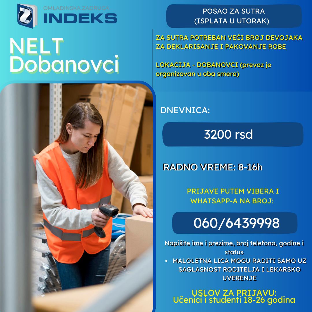 ZA SUTRA POTREBNE DEVOJKE ZA DEKLARISANJE ROBE U MAGACINU U DOBANOVCIMA