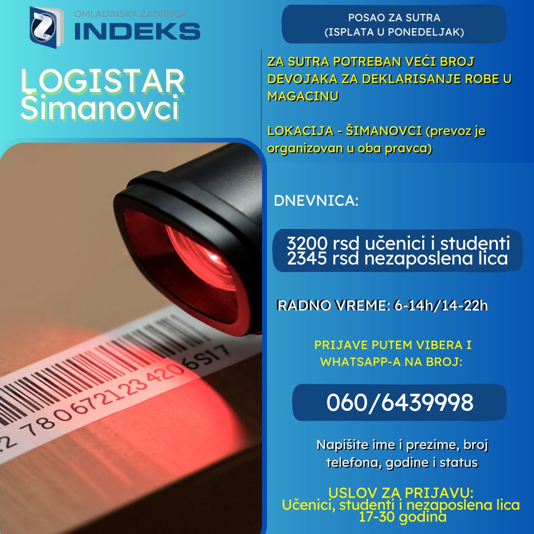 ZA SUTRA POTREBAN VELIKI BROJ DEVOJAKA I MOMCI ZA DEKLARISANJE ROBE U ŠIMANOVCIMA